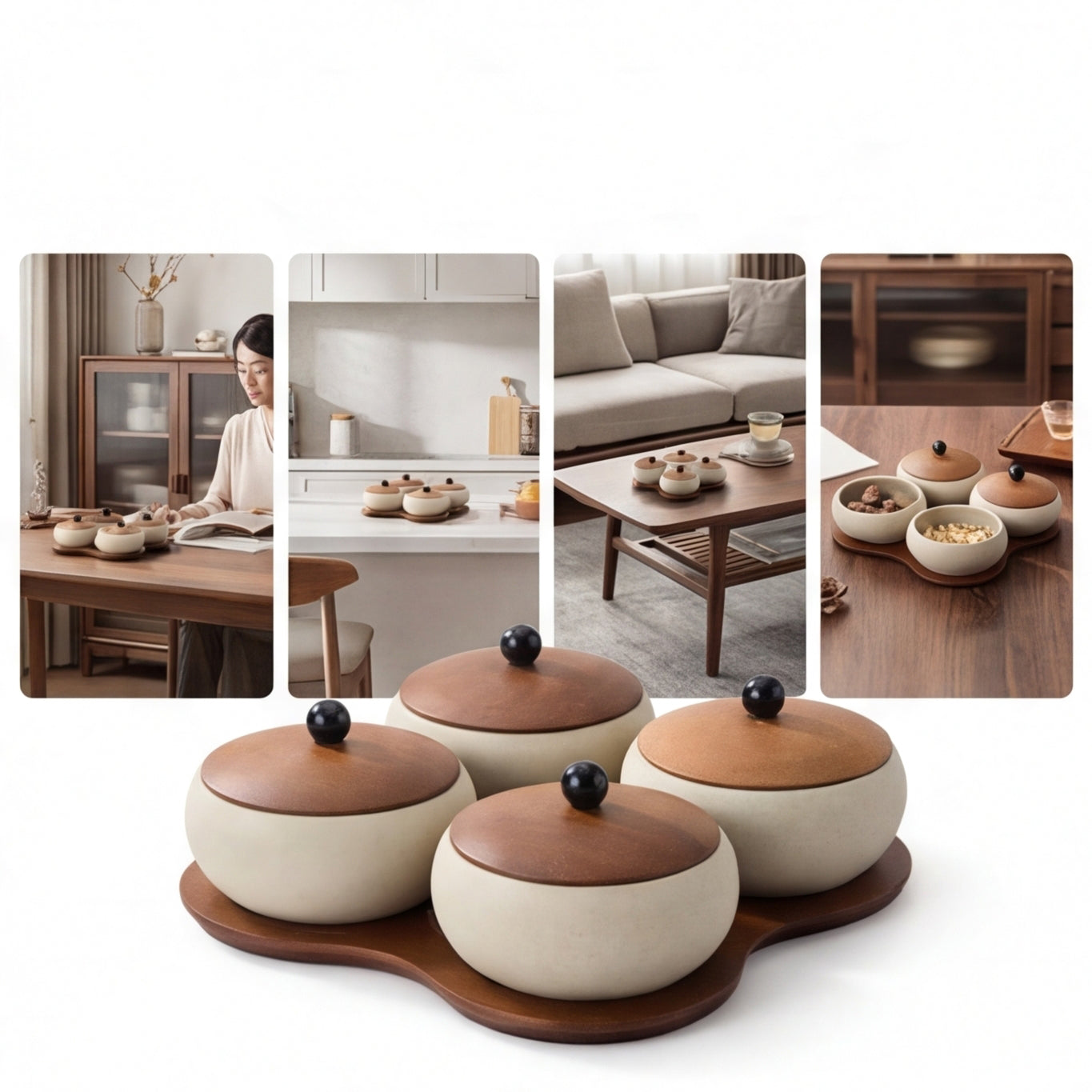 Antique Wooden Snack Plate with Rough Pottery Bowls and Lids