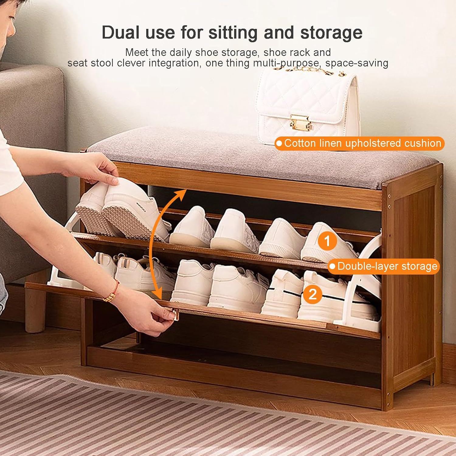 Double-Layer Bamboo Wooden Shoe Organizer Bench with Cushion Seat (70cm)