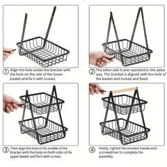 3-Tier Metal Storage Basket With Wooden Handle