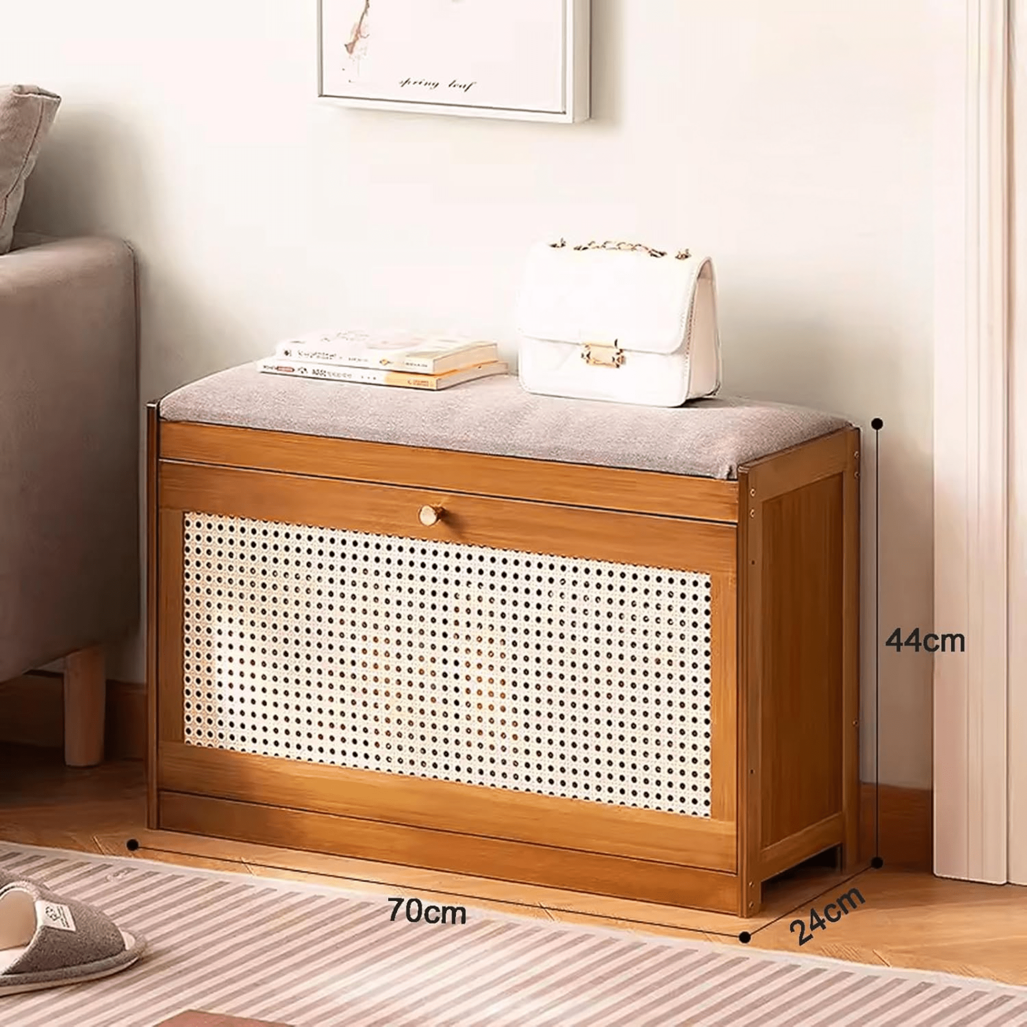 Double-Layer Bamboo Wooden Shoe Organizer Bench with Cushion Seat (70cm)