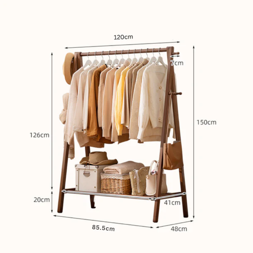 Foldable Bamboo Floor Standing Clothes Rack With Storage Shelves