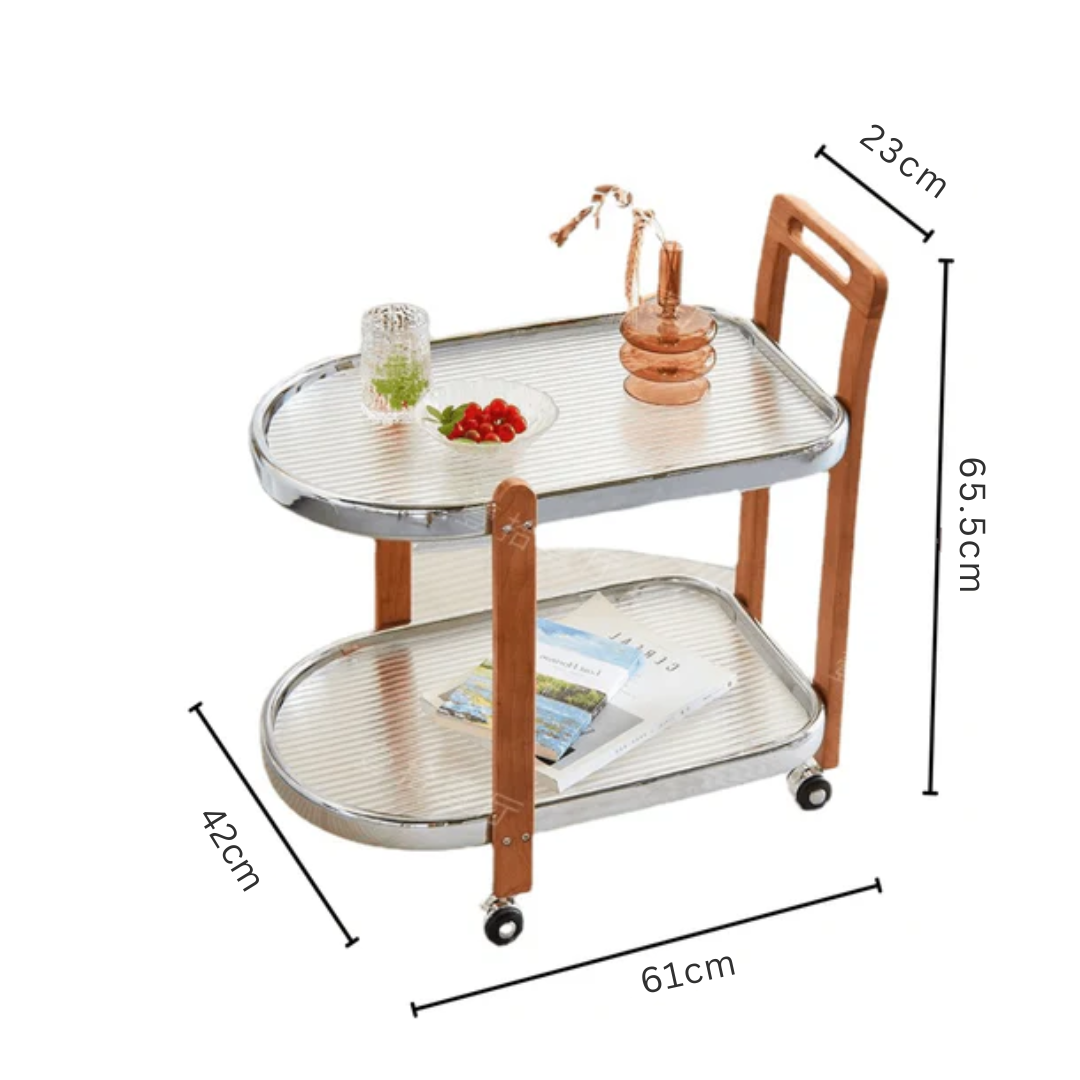 2-Tier Tempered Glass Rolling Cart with Wood Handle and Wheels