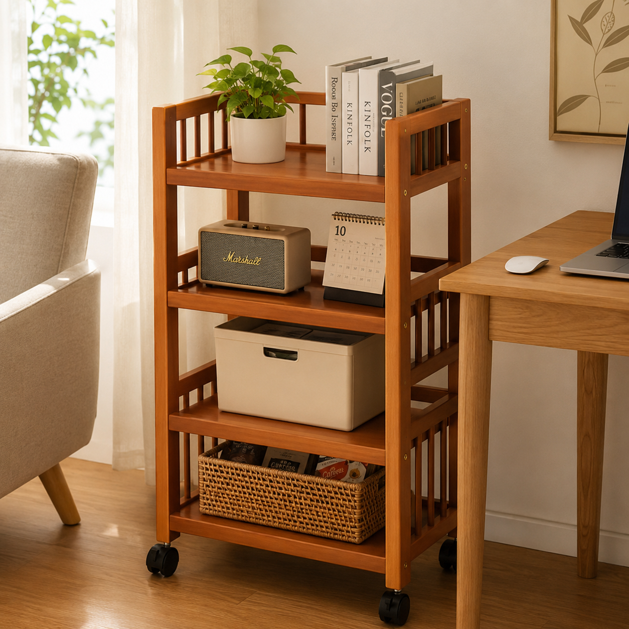 Floor-Standing Bookshelf Storage Rack with Wheels