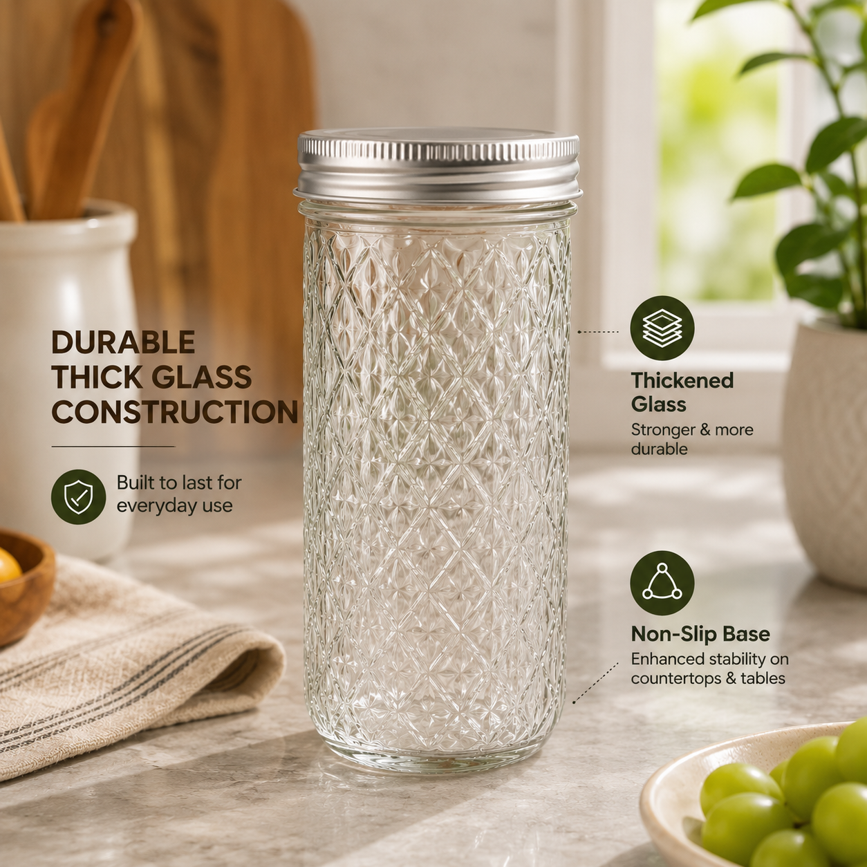 Diamond Pattern Glass Storage Jar with Airtight Lid(400ml)