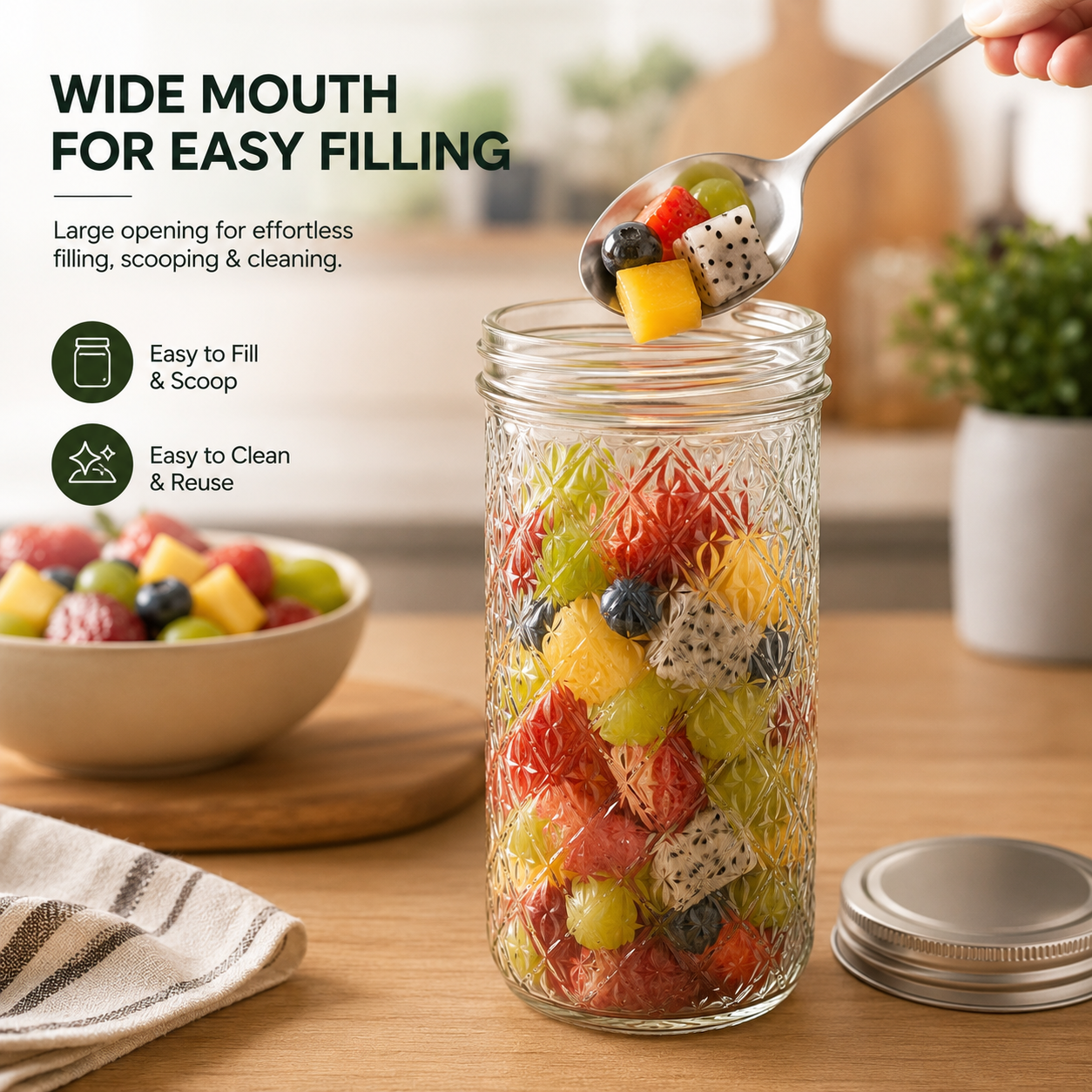 Diamond Pattern Glass Storage Jar with Airtight Lid(400ml)