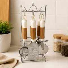 7-Piece Kitchen Tool Set with Crown Stand & Wooden Handles