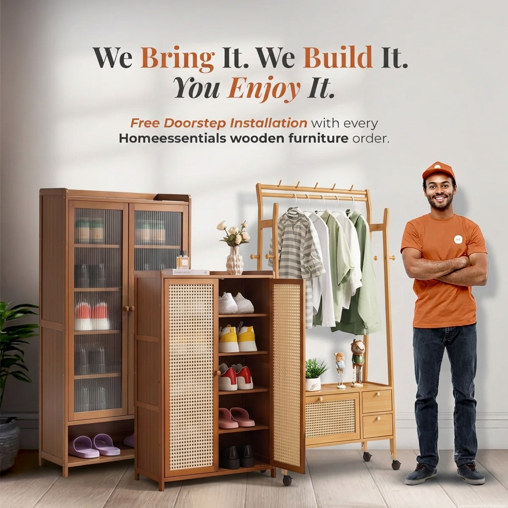 Foldable Rattan Stye Wooden Table With Storage Shelves