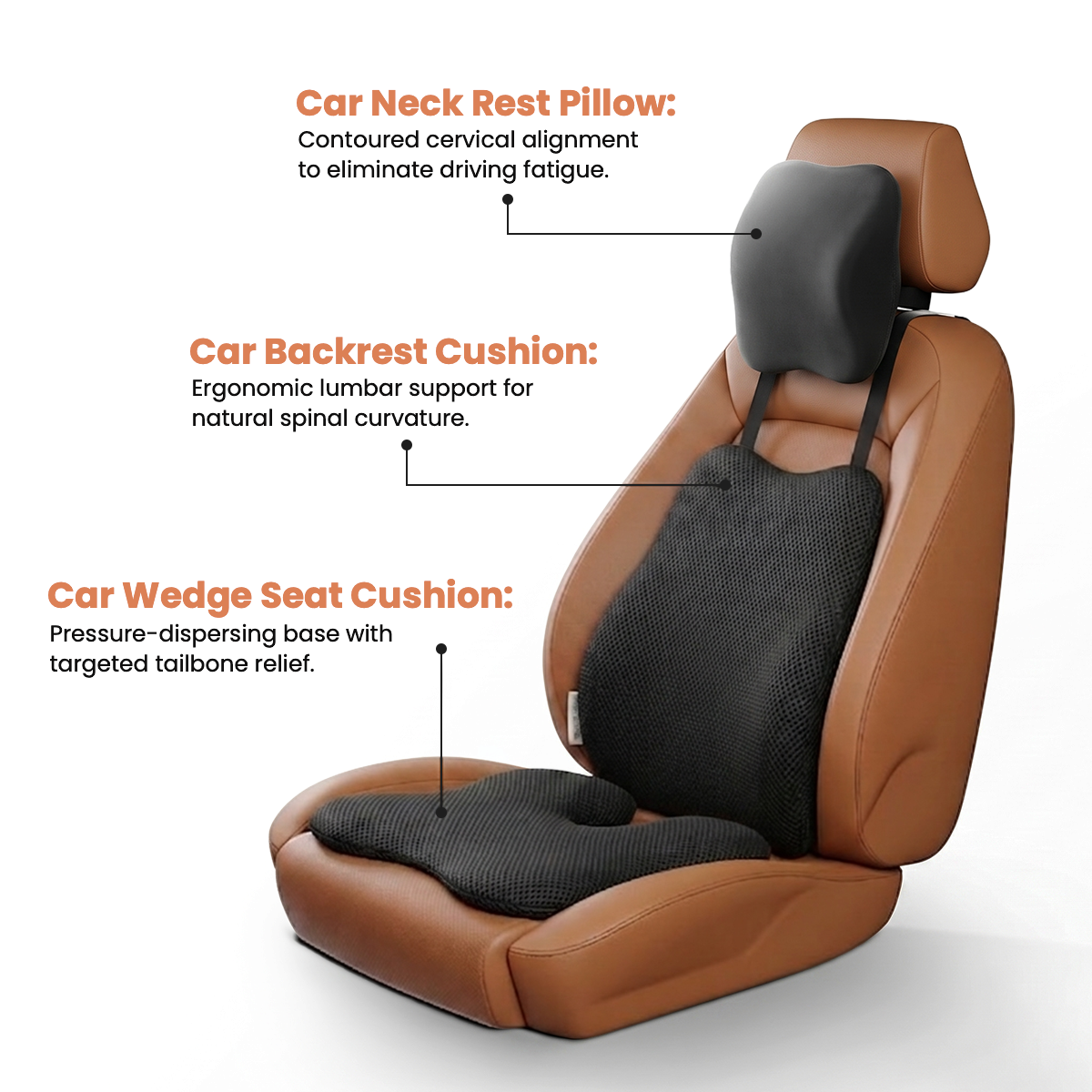 3-Piece Ergonomic Memory Foam Car Seat Comfort Support Cushion Set