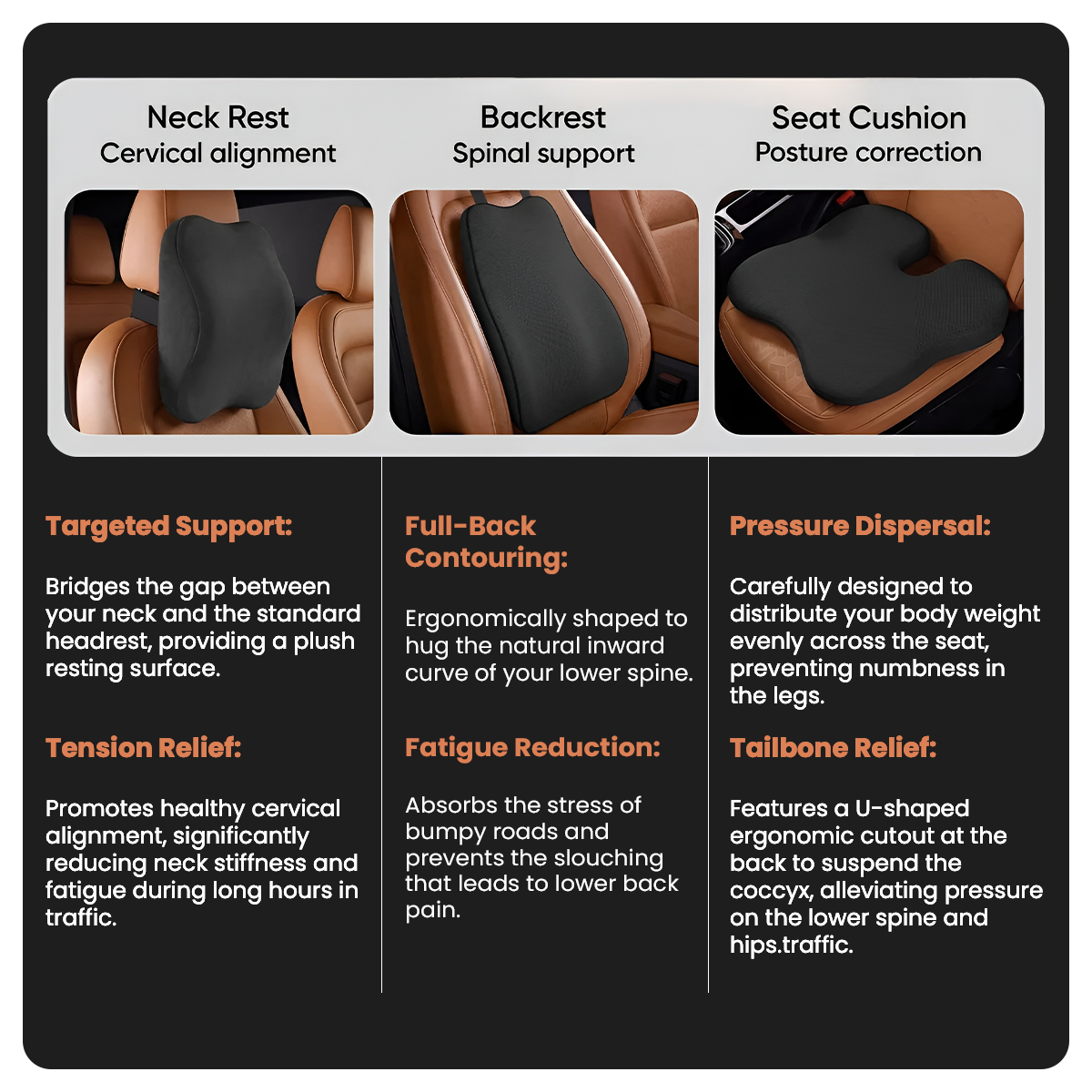 3-Piece Ergonomic Memory Foam Car Seat Comfort Support Cushion Set