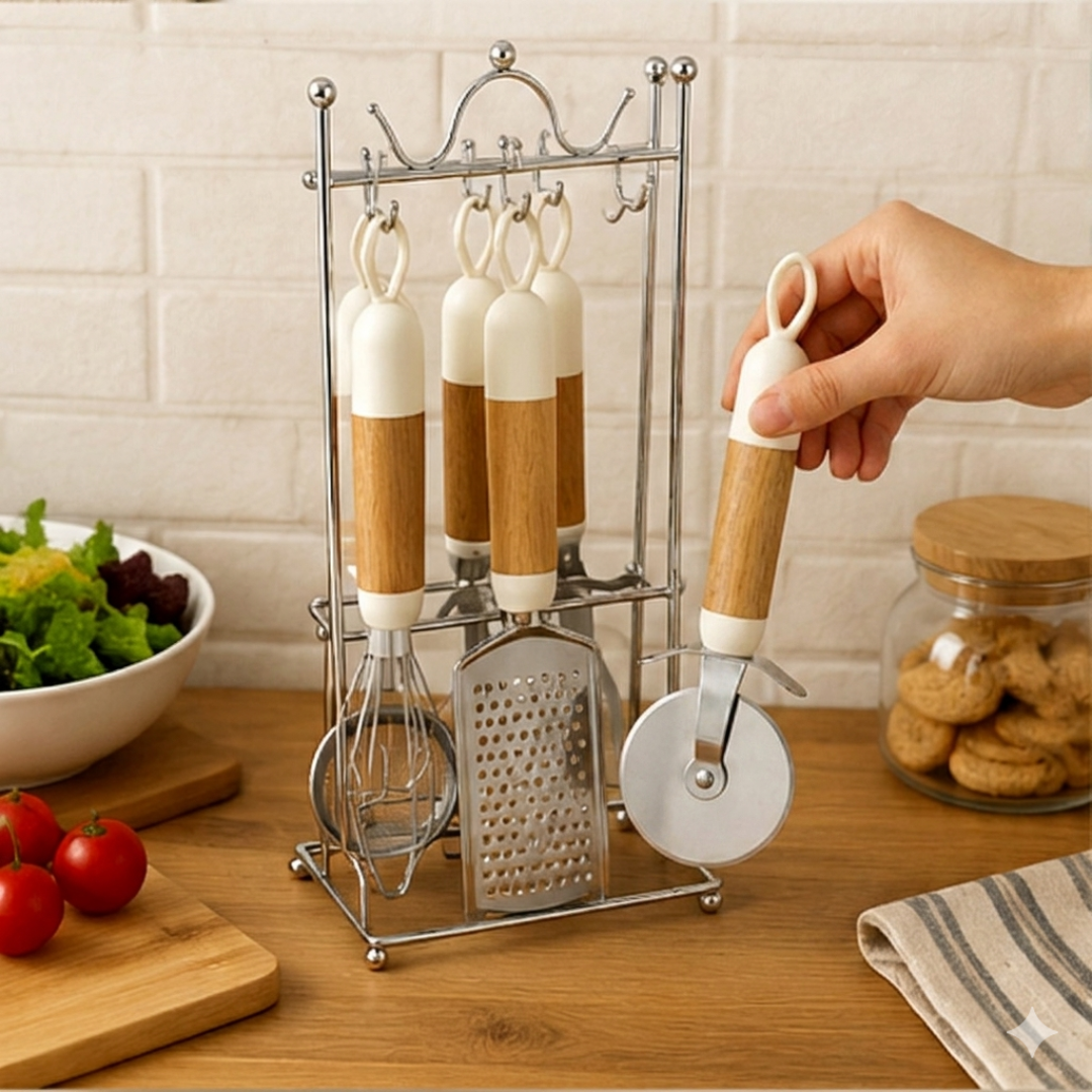 7-Piece Kitchen Tool Set with Crown Stand & Wooden Handles