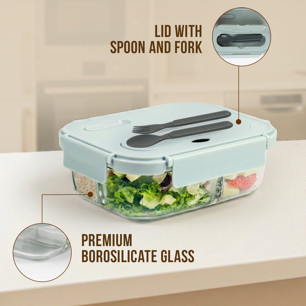 2-Compartment Rectangle Glass Food Container (1050ml)