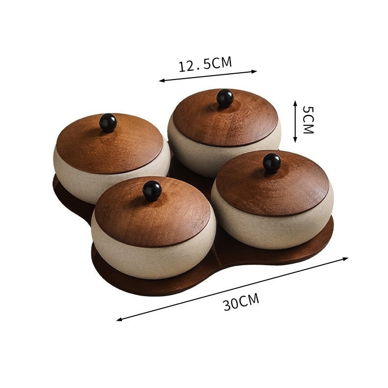 Antique Wooden Snack Plate with Rough Pottery Bowls and Lids