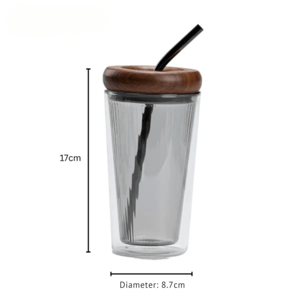 Double Layer Borosilicate Glass Straw Cup with Wooden Lid(500ml)