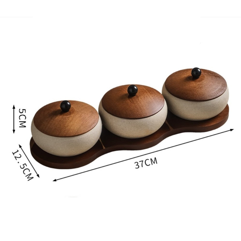 Antique Wooden Snack Plate with Rough Pottery Bowls and Lids