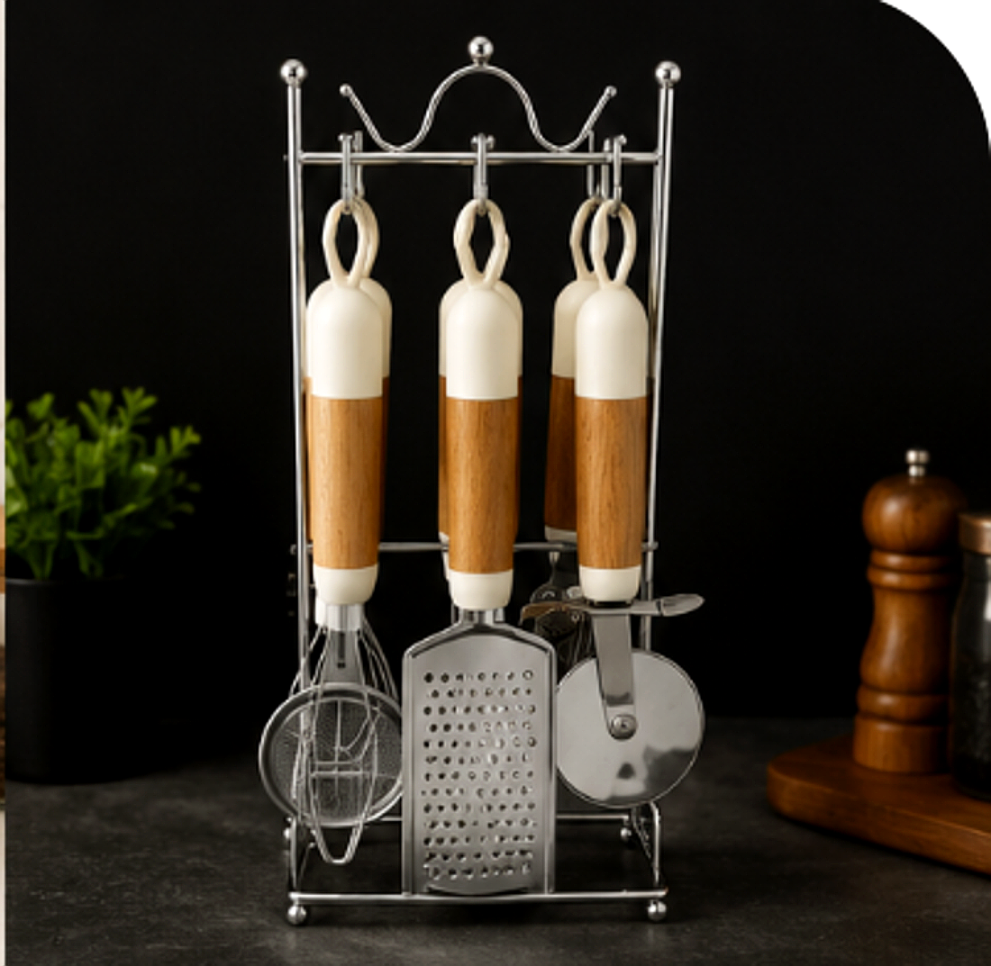 7-Piece Kitchen Tool Set with Crown Stand & Wooden Handles