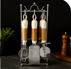 7-Piece Kitchen Tool Set with Crown Stand & Wooden Handles
