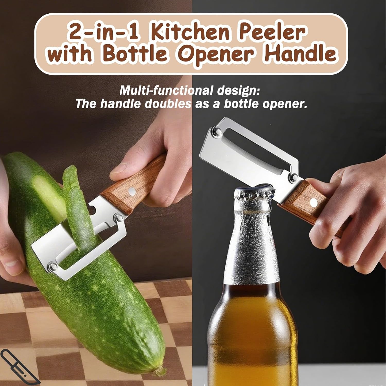 2-in-1 Stainless Steel Kitchen Peeler with Wooden Handle