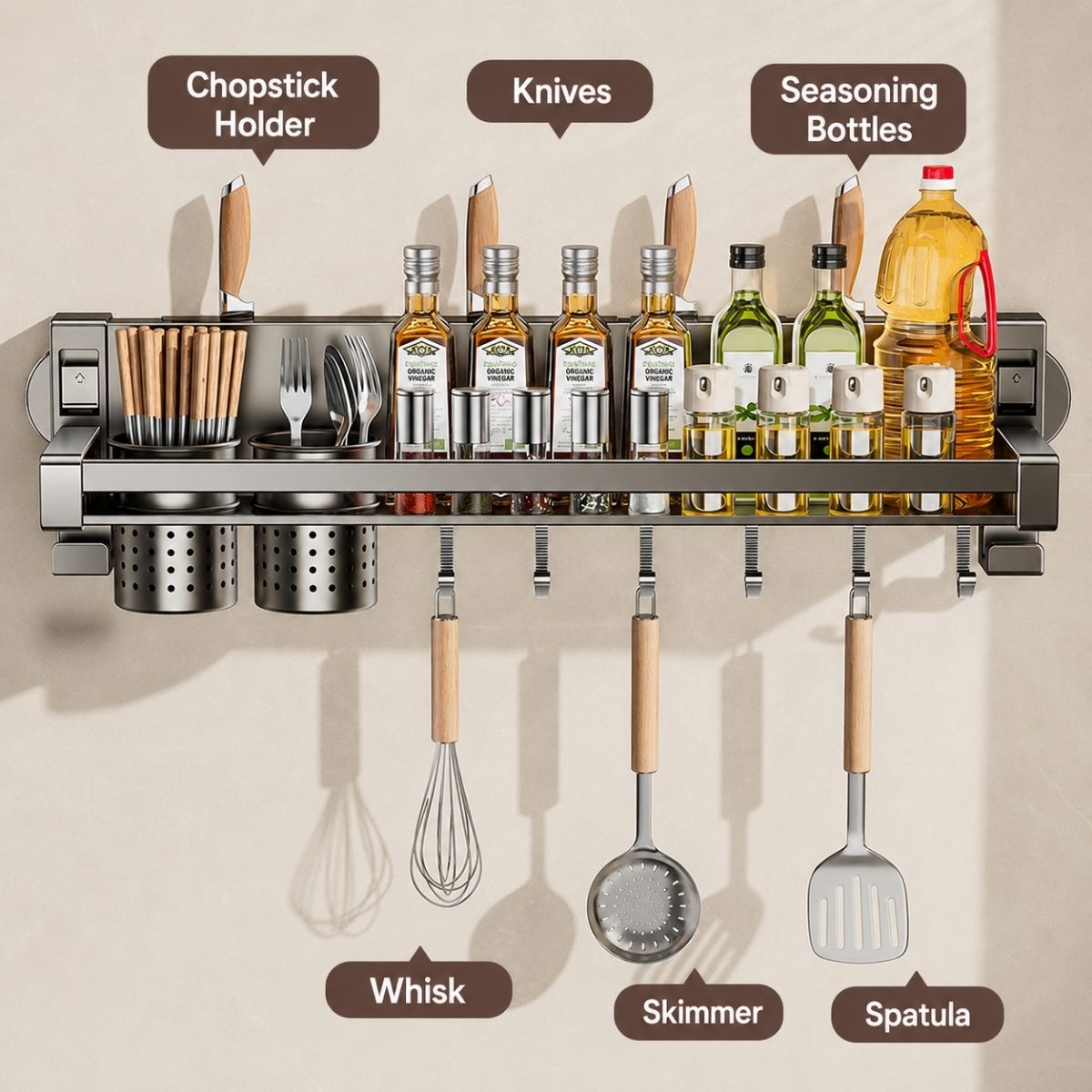 Aluminum Alloy Suction Cup Double Rack with Knife Holder