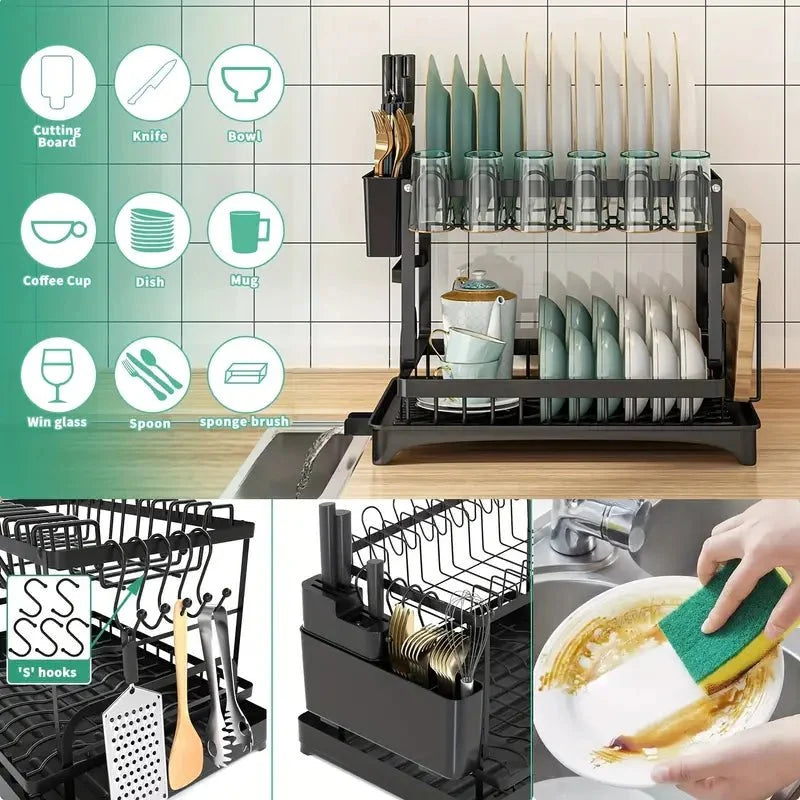 2 Tier Dish Drain Rack with Draining Outlet