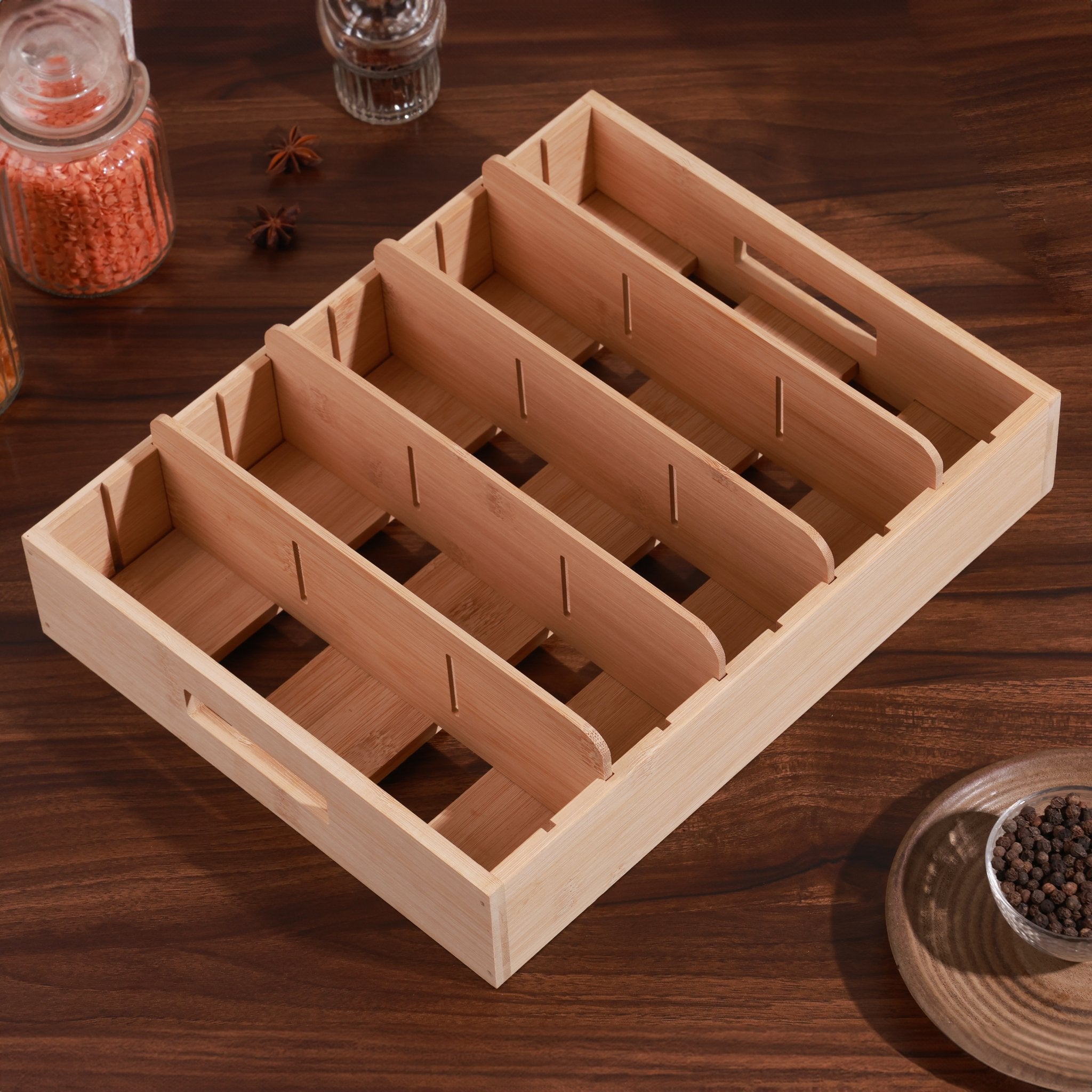 Adjustable Compartment Bamboo Storage Tray